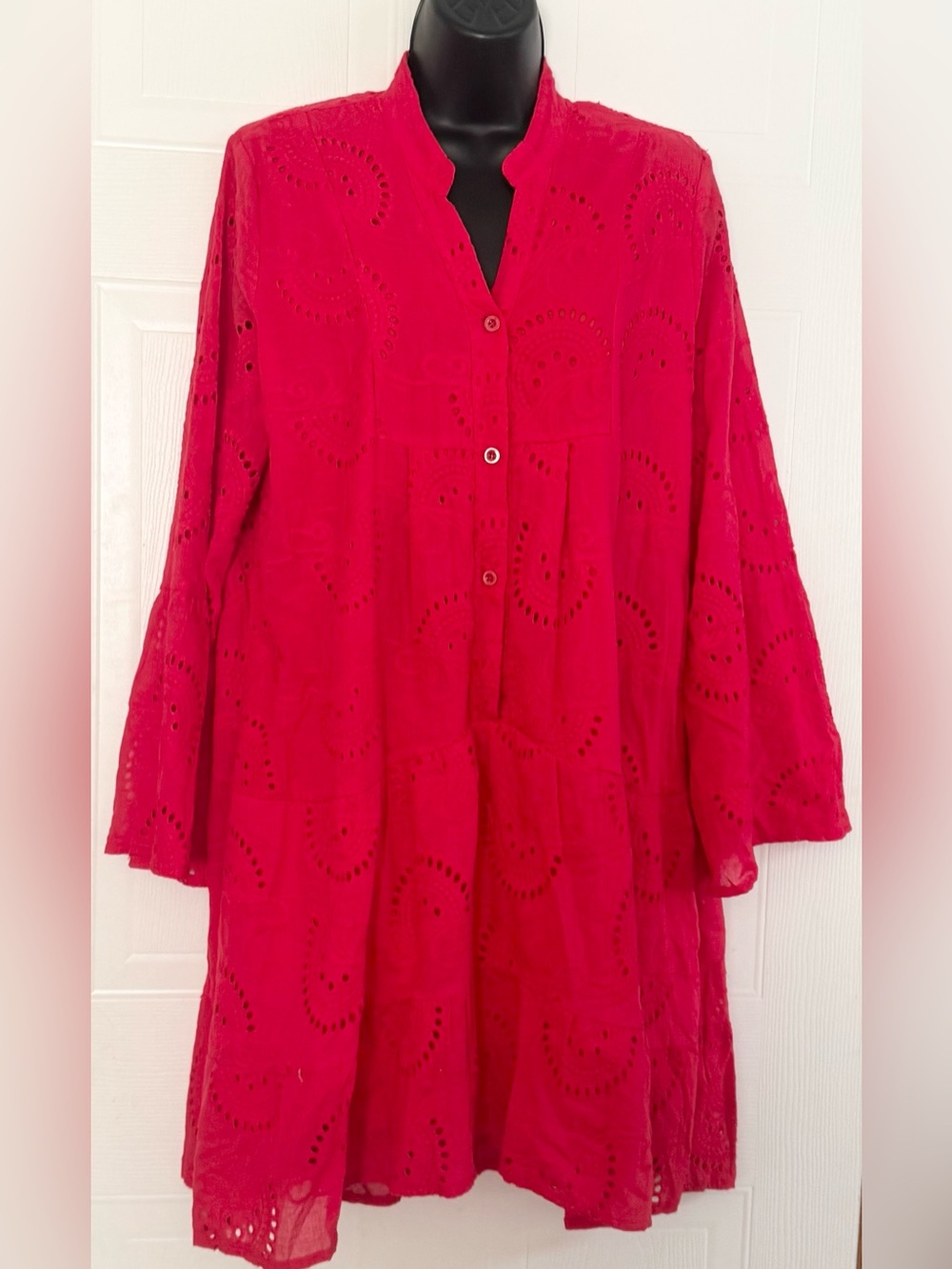 Top It Off Woman Baby Doll Dress Red Eyelet Buttons Lined Tiered Ruffled Hem M/L